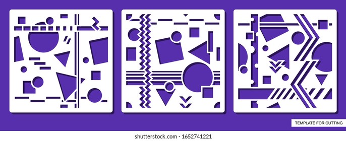 Set of stencils. Abstract seamless backgrounds with geometric patterns. Figures of circles, squares, triangles and lines. Template for laser cut, wood carving, paper cutting and printing. Vector image