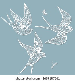 Set of stencils. Bird in flowers. Graphic vector decorative elements. Template suitable for laser cutting. Dragonfly and butterfly.