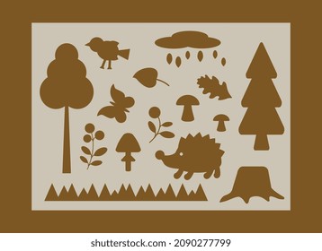 Set stencils for children creativity. Silhouettes of trees, plants,birds,leaves,mushrooms,hedgehog. Template for laser cutting, wood carving, paper cut and printing. Vector illustration.