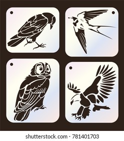 Set of stencils. Crow bird, swallow, owl, eagle. Set of wild bird silhouettes. Laser cutting template. Die cut card.