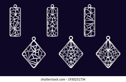 A set of stencils for decorative earrings in the form of a rhombus and a plate with openwork patterns. Suitable for cutting and printing