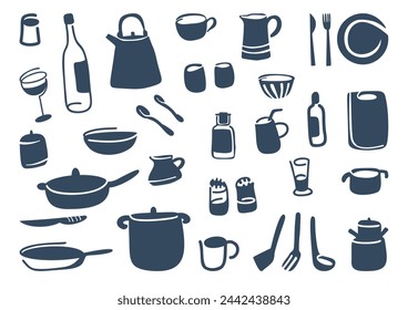 A set of stencils with kitchen utensils. Monochrome illustration, vector