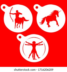 
set of stencils with man, centaur and unicorn