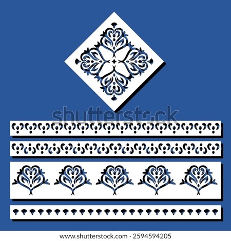 Set of stencils with ornament. Rhombus and border decorative elements. Template for work on paper, wood, metal, cardboard, plastic. Vector illustration.