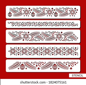 Set of stencils with seamless Christmas border. Ornament with New Year's decoration, spruce branches, serpentine, snowflakes, balls, stars. Template for laser cut, paper cutting. Vector illustration.