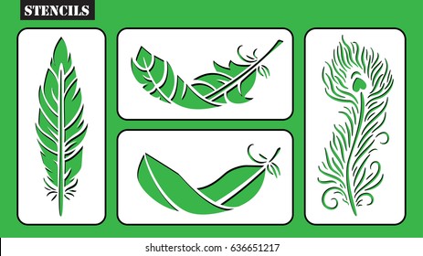 Set of stencils. Tribal feathers vector set. Rustic decorative feathers. Laser cut design. 