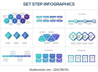 Setzen Sie Schritt mit 3, 4, 6 Elementen, Infografik Vorlage für Web, Business, Präsentationen, Vektorgrafik.