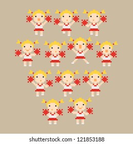 Set of step by step icons with dancing cheerleader, vector