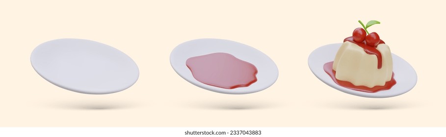 Set of step by step images of serving dessert. Panna cotta. Empty saucer, plate with sweet syrup, served jelly with cherries. Collection of colored vector illustrations with shadows