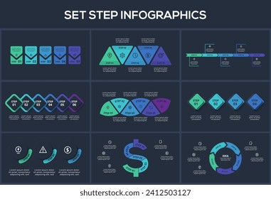 Set Step infographic with 3, 4, 5, 6, steps, options, parts or processes. Template for web on a background.