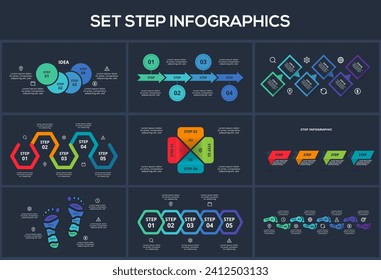 Legen Sie die Infografik für Schritt mit 3, 4, 5, 6, 8 Schritten, Optionen, Teilen oder Prozessen fest. Vorlage für Web auf Hintergrund.