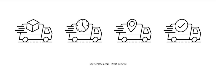 set of step online shopping icon. delivery truck icon, truck express delivery, fast shipping delivery truck icon symbol sign. vector illustration