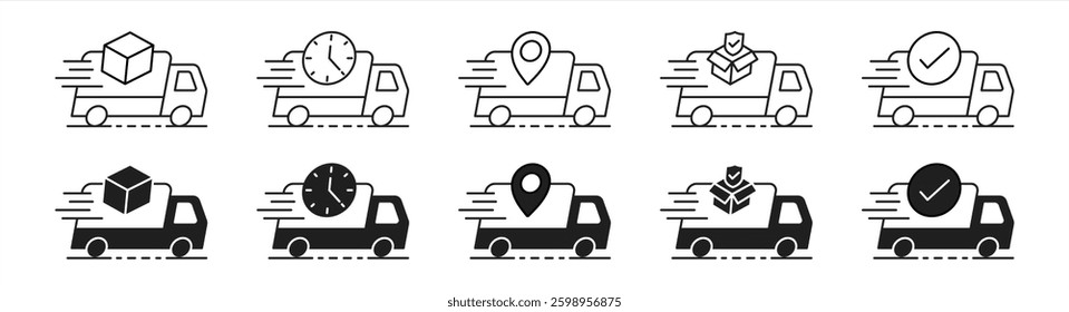 set of step online shopping icon. delivery truck icon, truck express delivery, fast shipping delivery truck icon symbol sign. vector illustration