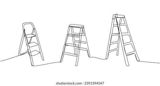 Set of stepladder, steps, construction ladder one line art. Continuous line drawing of repair, professional, hand, people, concept, support, maintenance.