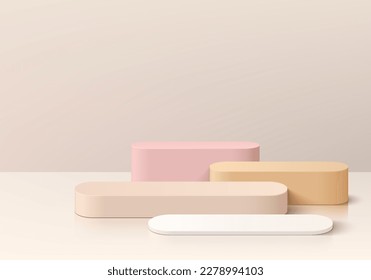 Set of steps 3D realistic pink and beige round pedestal podium background. Abstract vector geometric platforms. Wall minimal scene, Empty mockup products for stage showcase, Banner promotion display.