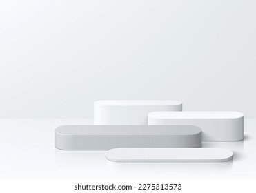 Set of steps 3D realistic white and gray round pedestal podium background. Abstract vector geometric platforms. Wall minimal scene, Empty mockup products for stage showcase, Banner promotion display.