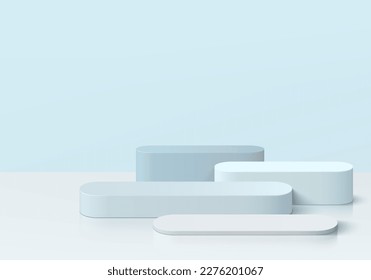 Set of steps 3D realistic white and blue round pedestal podium background. Abstract vector geometric platforms. Wall minimal scene, Empty mockup products for stage showcase, Banner promotion display.