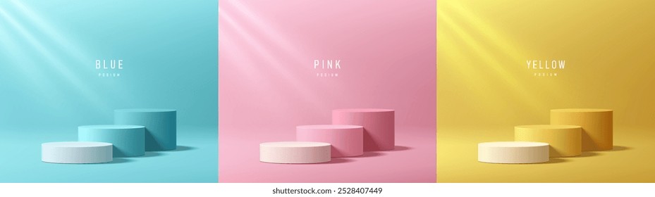 Set of steps 3D round podium background in blue, pink and yellow color. Abstract composition in minimalist design. Studio display showroom stand product pedestal, Fashion stage showcase mockup scene.