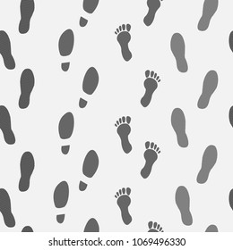 Set of steps in different shoes in black. Repeating pattern. Vector Illustration 