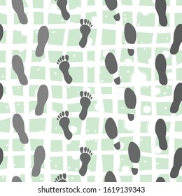 Set of steps in different shoes in black. Repeating pattern. Vector Illustration 