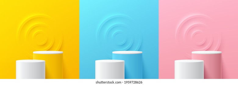 Set of steps yellow, blue, pink, white cylinder pedestal podium. Emboss ring shape with pastel color backdrop. Abstract vector rendering 3d shape. Product display presentation. Minimal wall scene.