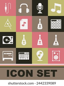 Set Stereo speaker, Balalaika, Drum machine, Microphone, Music book with note, Triangle, Audio jack and Guitar icon. Vector