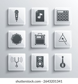 Set Stereo speaker, Banjo, Triangle, Guitar amplifier, Musical tuning fork, Dial knob level, Microphone and Drum machine icon. Vector