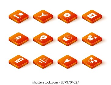 Set Stereo speaker, Cake, Barbecue grill, Slice of pizza, Ice cream in waffle cone, Muffin, Gift bow and Cocktail icon. Vector