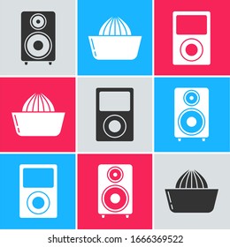 Set Stereo speaker , Citrus fruit juicer  and Music player  icon. Vector