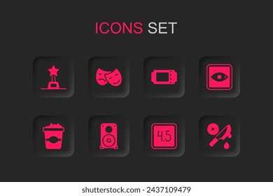 Conjunto de altavoz estéreo, máscaras de comedia y tragedia, trofeo de película, película de clasificación, Thriller, entrada de cine y palomitas de cartón icono de caja. Vector