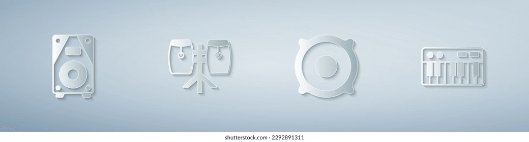 Set Stereo speaker, Conga drums,  and Music synthesizer. Paper art style. Vector