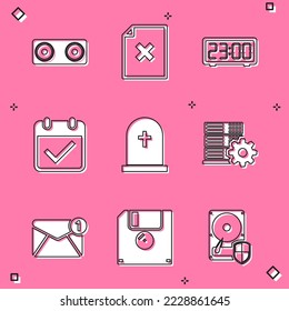 Set Stereo speaker, Delete file document, Digital alarm clock, Calendar with check mark, Tombstone cross and Server setting icon. Vector