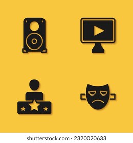 Set Stereo speaker, Drama theatrical mask, Actor star and Online play video icon with long shadow. Vector