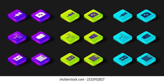 Set Stereo speaker, Drum machine, Musical tuning fork, book with note and Microphone icon. Vector