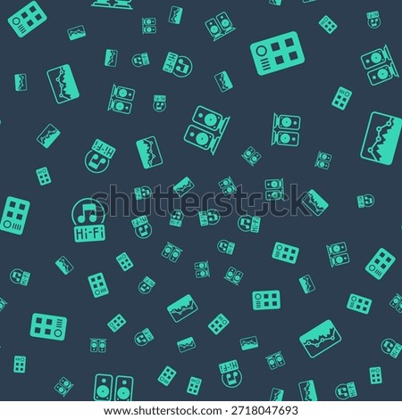 Set Stereo speaker, Drum machine, Music note, tone and wave equalizer on seamless pattern. Vector
