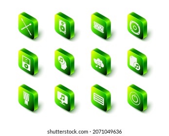 Ajuste altavoz estéreo, tambor, libro de música con nota, botón de encendido, servicio de streaming, controlador de mezclador de sonido e icono de burbuja de voz musical. Vector