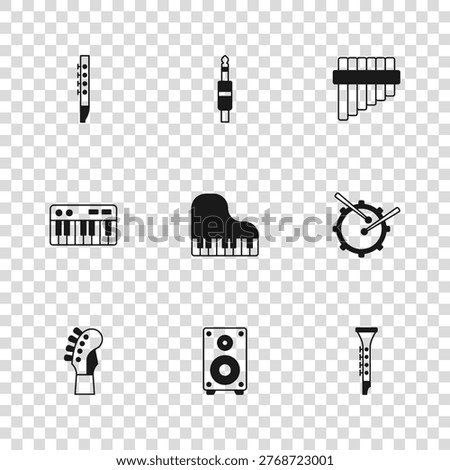 Set Stereo speaker, Drum with drum sticks, Clarinet, Grand piano, Pan flute, Flute, Audio jack and Music synthesizer icon. Vector