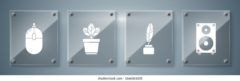 Set Stereo speaker, Feather and inkwell, Flowers in pot and Computer mouse. Square glass panels. Vector