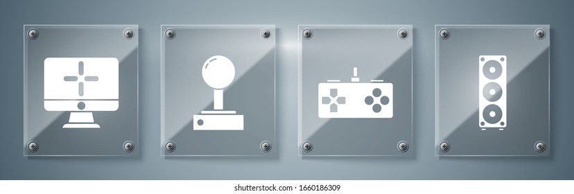 Set Stereo speaker, Gamepad, Joystick for arcade machine and Computer monitor. Square glass panels. Vector