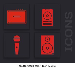 Set Stereo speaker, Guitar amplifier, Music player and Microphone icon. Vector