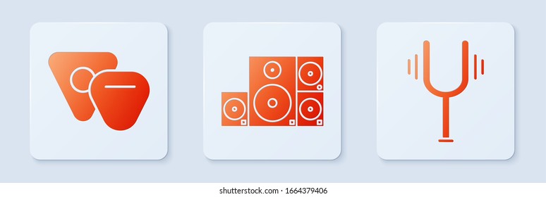 Set Stereo speaker, Guitar pick and Musical tuning fork. White square button. Vector