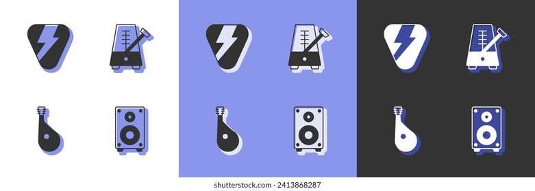 Set Stereo speaker, Guitar pick, Bandura and Metronome with pendulum icon. Vector