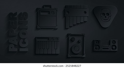Set Stereo speaker, Guitar pick, Music synthesizer, Home stereo, Pan flute and amplifier icon. Vector