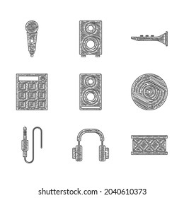 Set Stereo speaker, Headphones, Drum, Vinyl disk, Audio jack, machine, Clarinet and Microphone icon. Vector