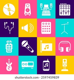 Set Stereo speaker, Headphones, Microphone with stand, Music recording studio, Speaker volume, Air headphones, CD DVD disk and Drum machine icon. Vector