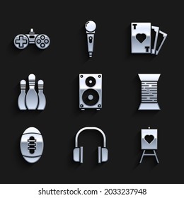 Set Stereo speaker, Headphones, Wood easel or painting art boards, Sewing thread spool, American Football ball, Bowling pin, Playing card with heart symbol and Gamepad icon. Vector