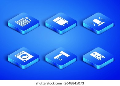 Set Stereo speaker, Heating radiator, Water tap, Washer, Refrigerator and Flasher siren icon. Vector