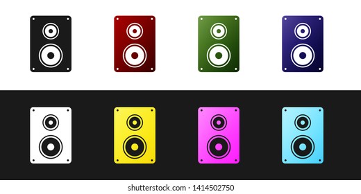 Set Stereo speaker icon isolated on black and white background. Sound system speakers. Music icon. Musical column speaker bass equipment. Vector Illustration