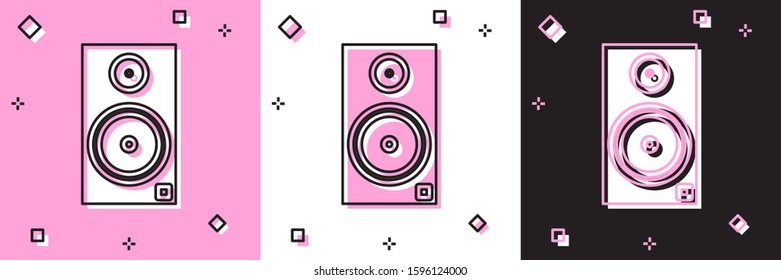 Set Stereo speaker icon isolated on pink and white, black background. Sound system speakers. Music icon. Musical column speaker bass equipment.  Vector Illustration