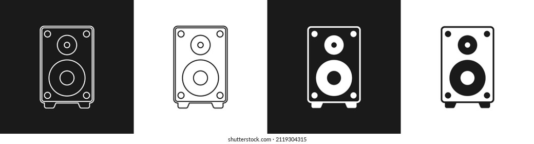 Set Stereo Speaker Icon Isolated On Black And White Background. Sound System Speakers. Music Icon. Musical Column Speaker Bass Equipment.  Vector